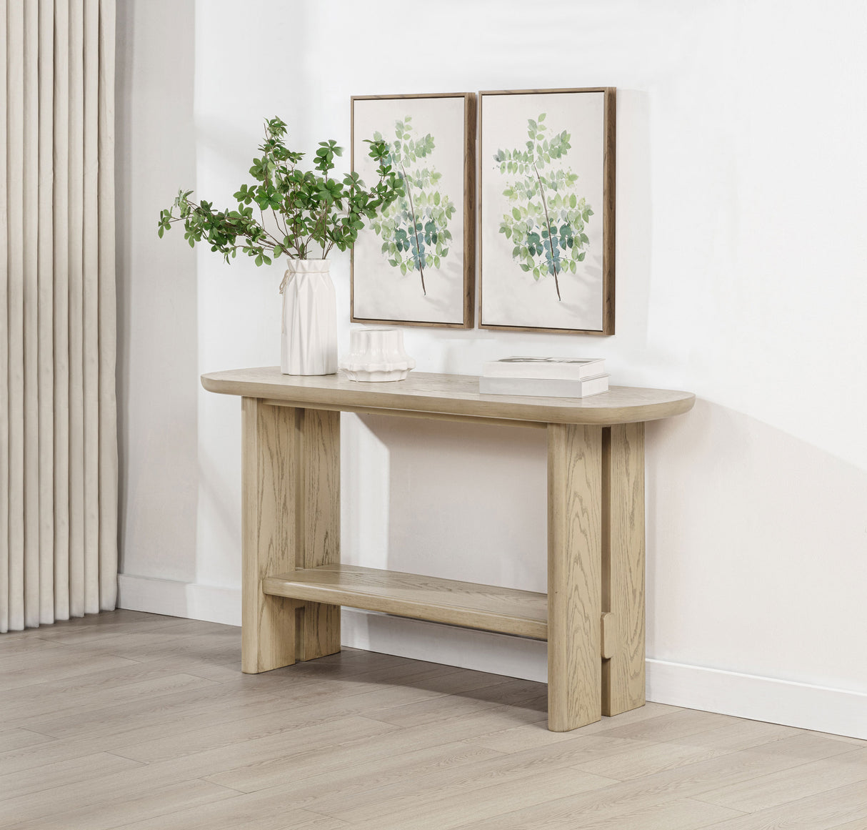 Kailani Coastal Sofa Console Table with Shelf, Beige Oak