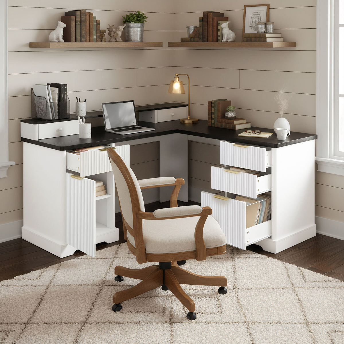 L-Shaped Desk With Charging Station & Storage Cabinet, Home Office Desk With Monitor Stand, File Drawer, Adjustable Shelf - White