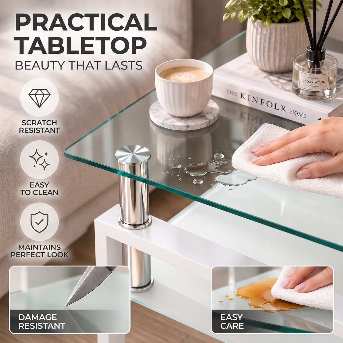 Modern Tempered Glass Tea Table, End Square Table For Living Room