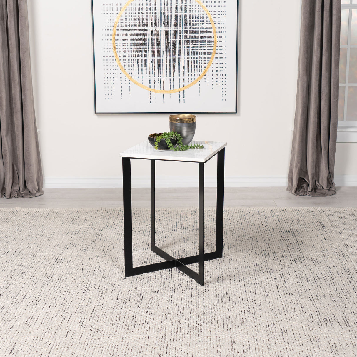 Tobin Square Marble Top End Table, White and Black