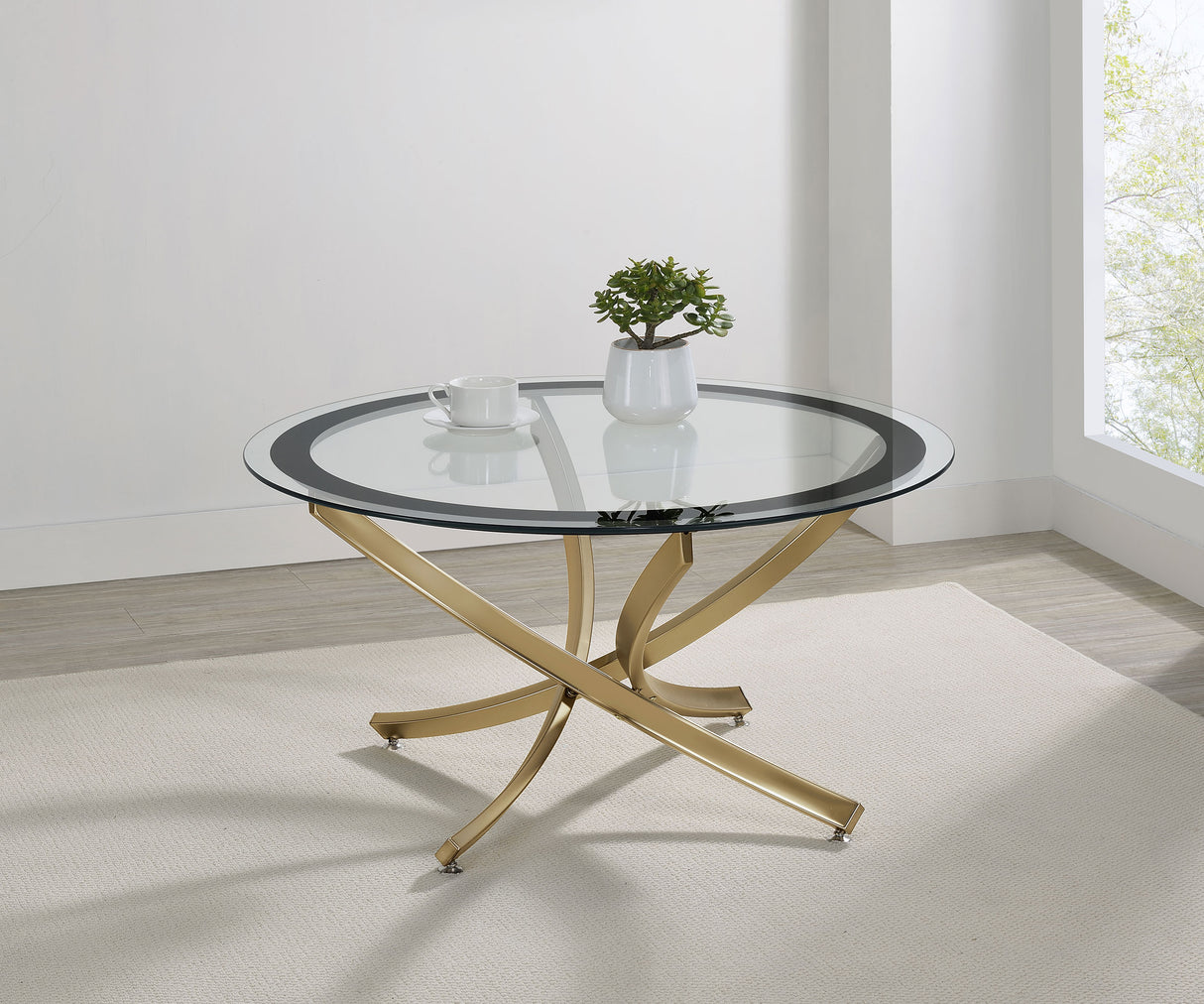 Brooke Round Glass Top Coffee Table with Rose Brass Base