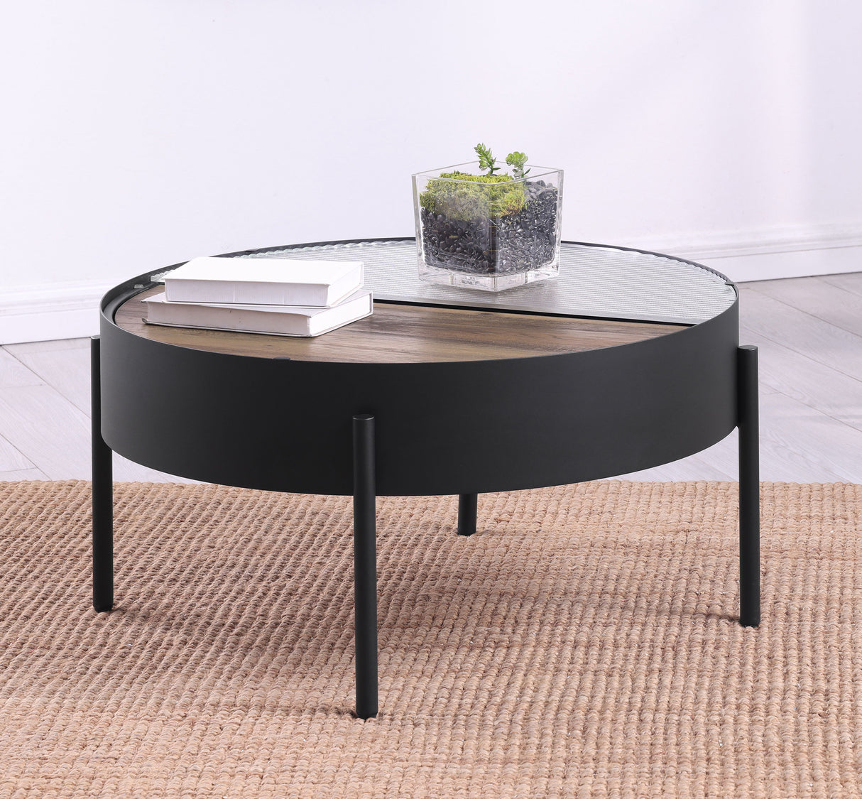 Ozella Round Coffee Table with Hidden Storage, Sandy Black