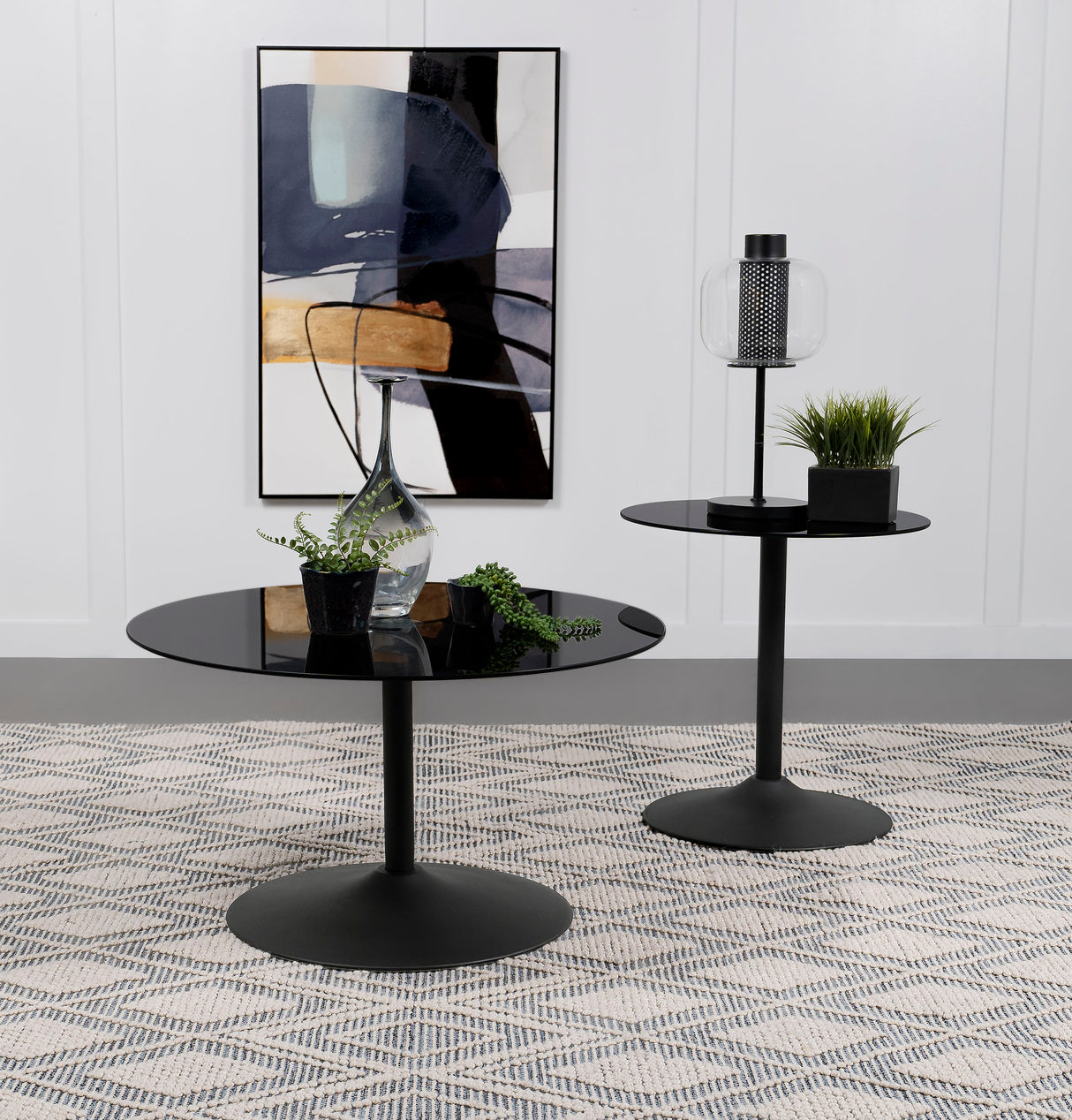 Ganso 2-Piece Round Glass Top Coffee and End Table Set, Black