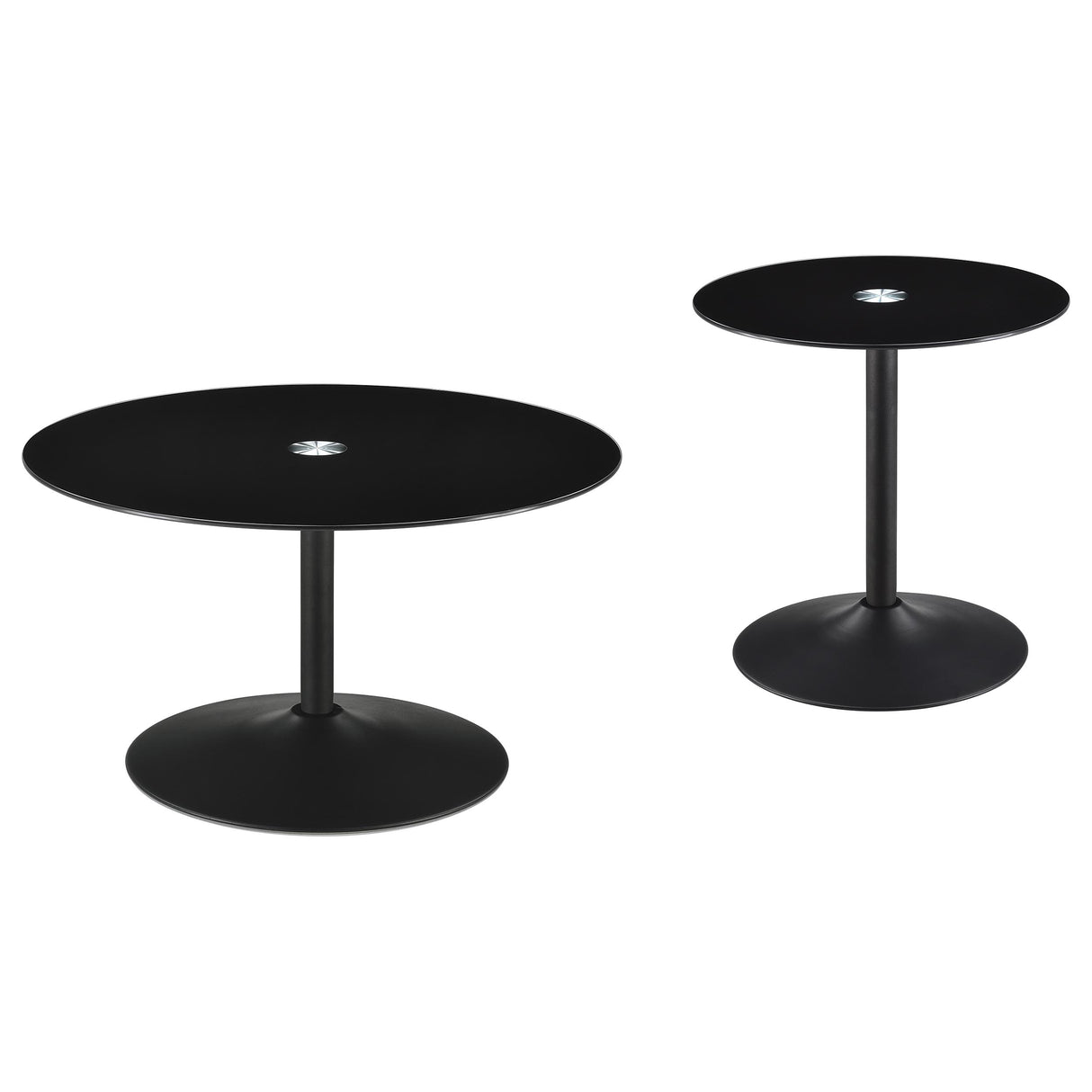 Ganso 2-Piece Round Glass Top Coffee and End Table Set, Black