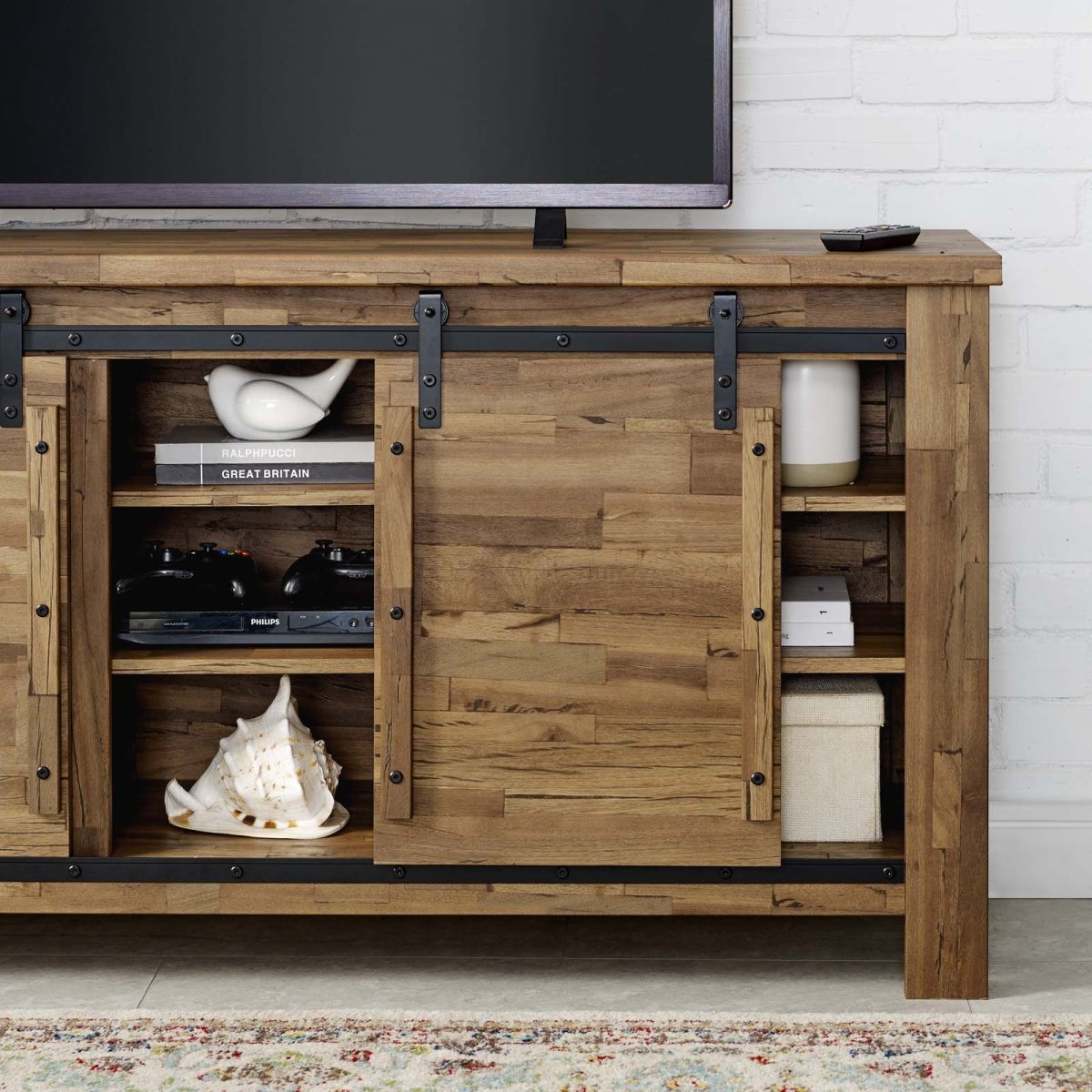 71 Inch Rustic Sliding Door TV Stand in Walnut - TV Stands available at Alpine Outlets in Denver