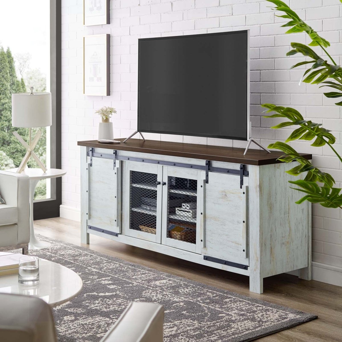 71 Inch Rustic Sliding Door TV Stand in White - TV Stands available at Alpine Outlets in Denver