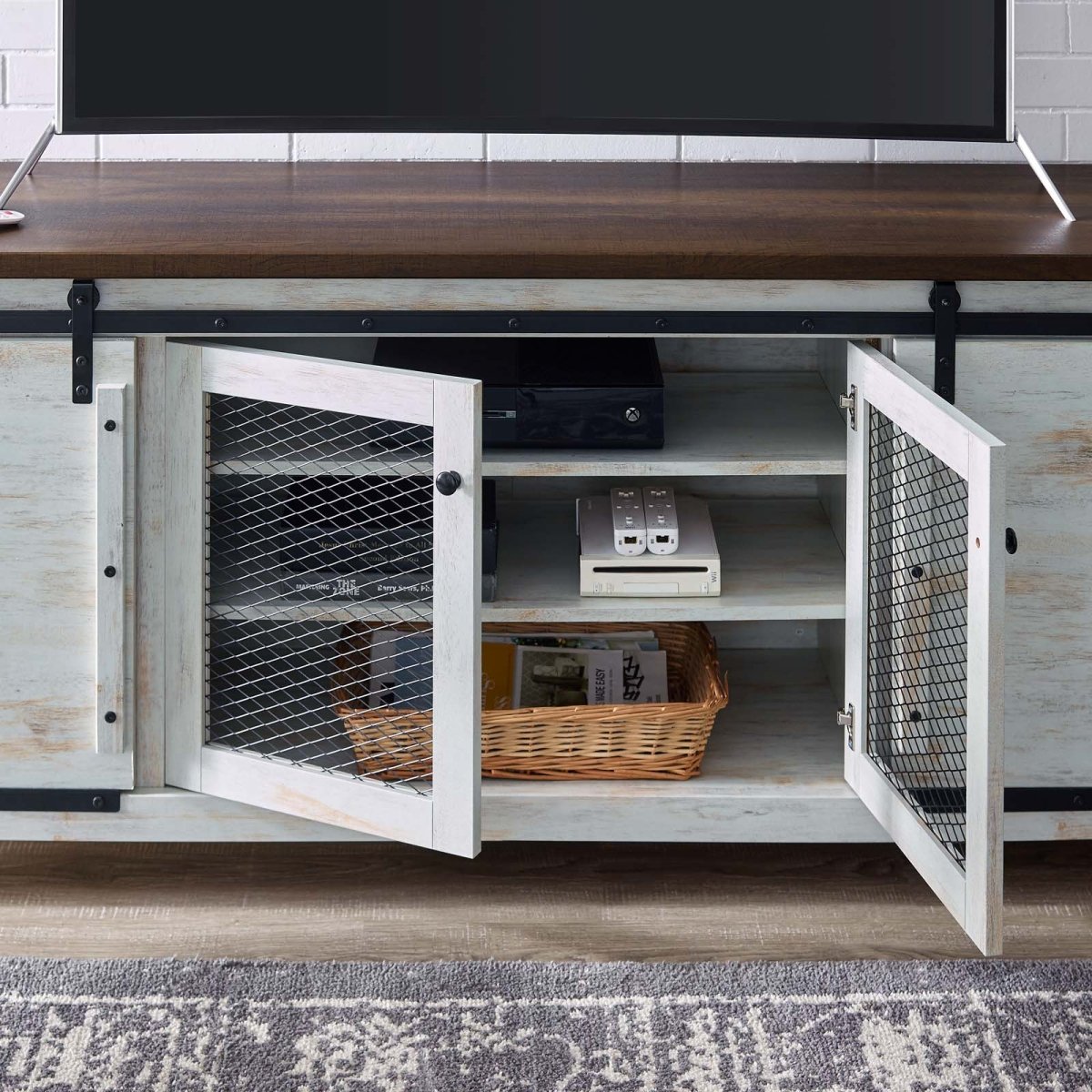 71 Inch Rustic Sliding Door TV Stand in White - TV Stands available at Alpine Outlets in Denver