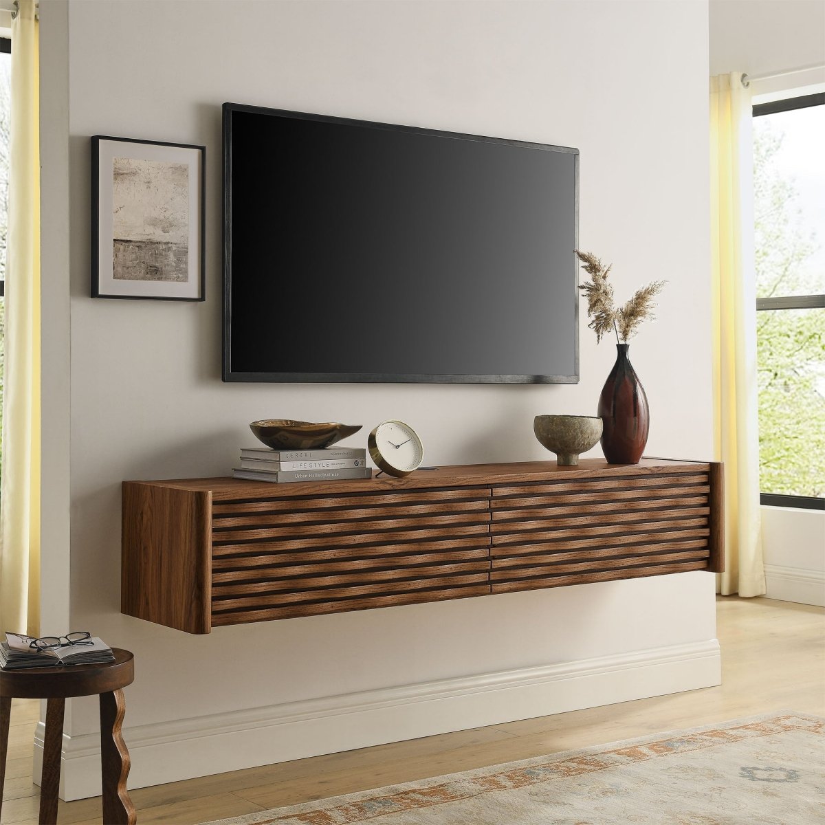 71 Inch Sculpted Wall - Mounted TV Cabinet in Walnut - TV Stands available at Alpine Outlets in Denver