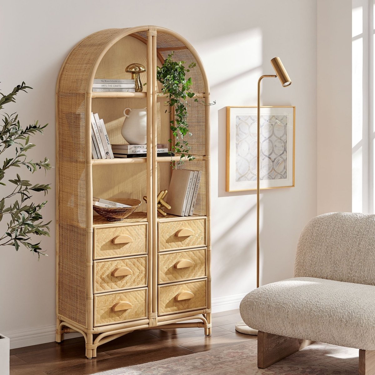 71" Tall Arched Natural Rattan Bookshelf with 6 Storage Drawers - Bookcases available at Alpine Outlets in Denver