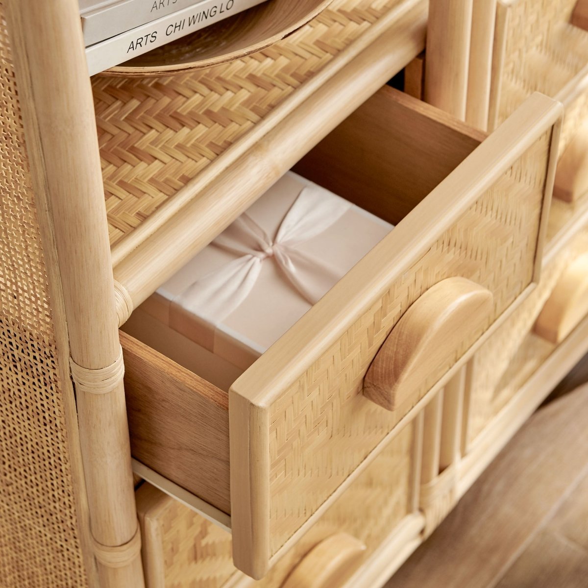 71" Tall Arched Natural Rattan Bookshelf with 6 Storage Drawers - Bookcases available at Alpine Outlets in Denver