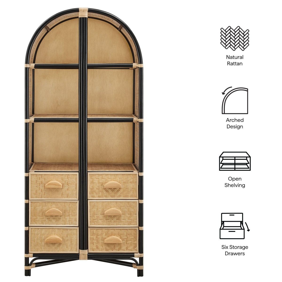 71" Tall Arched Natural Rattan Bookshelf with 6 Storage Drawers - Bookcases available at Alpine Outlets in Denver