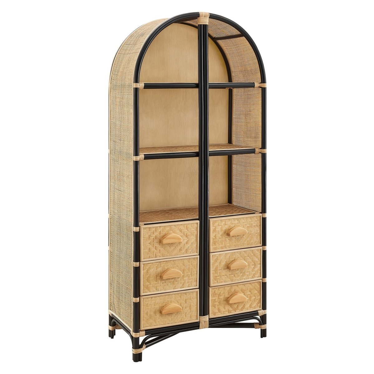 71" Tall Arched Natural Rattan Bookshelf with 6 Storage Drawers - Bookcases available at Alpine Outlets in Denver