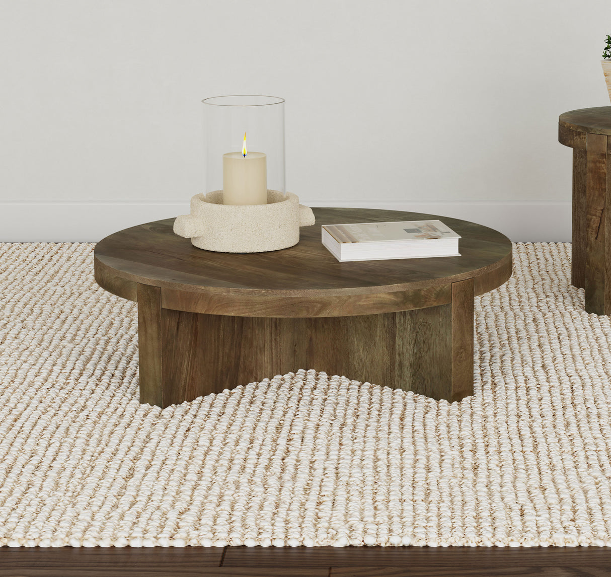 Kinkaid Round Solid Mango Wood Coffee Table in Brown