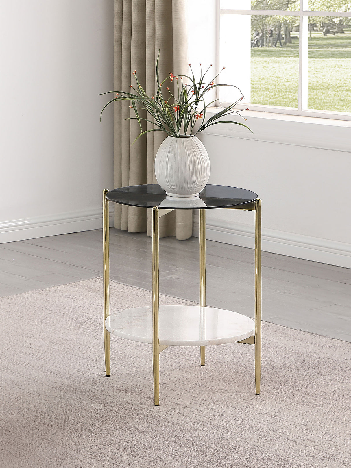 Jonelle Round Glass Top End Table with White Marble Shelf