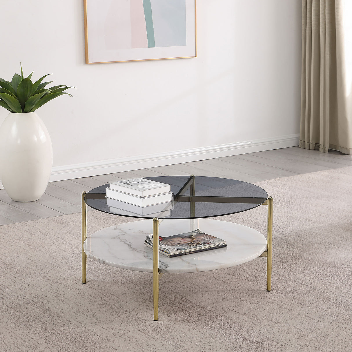 Jonelle Round Glass Top Coffee Table with White Marble Shelf