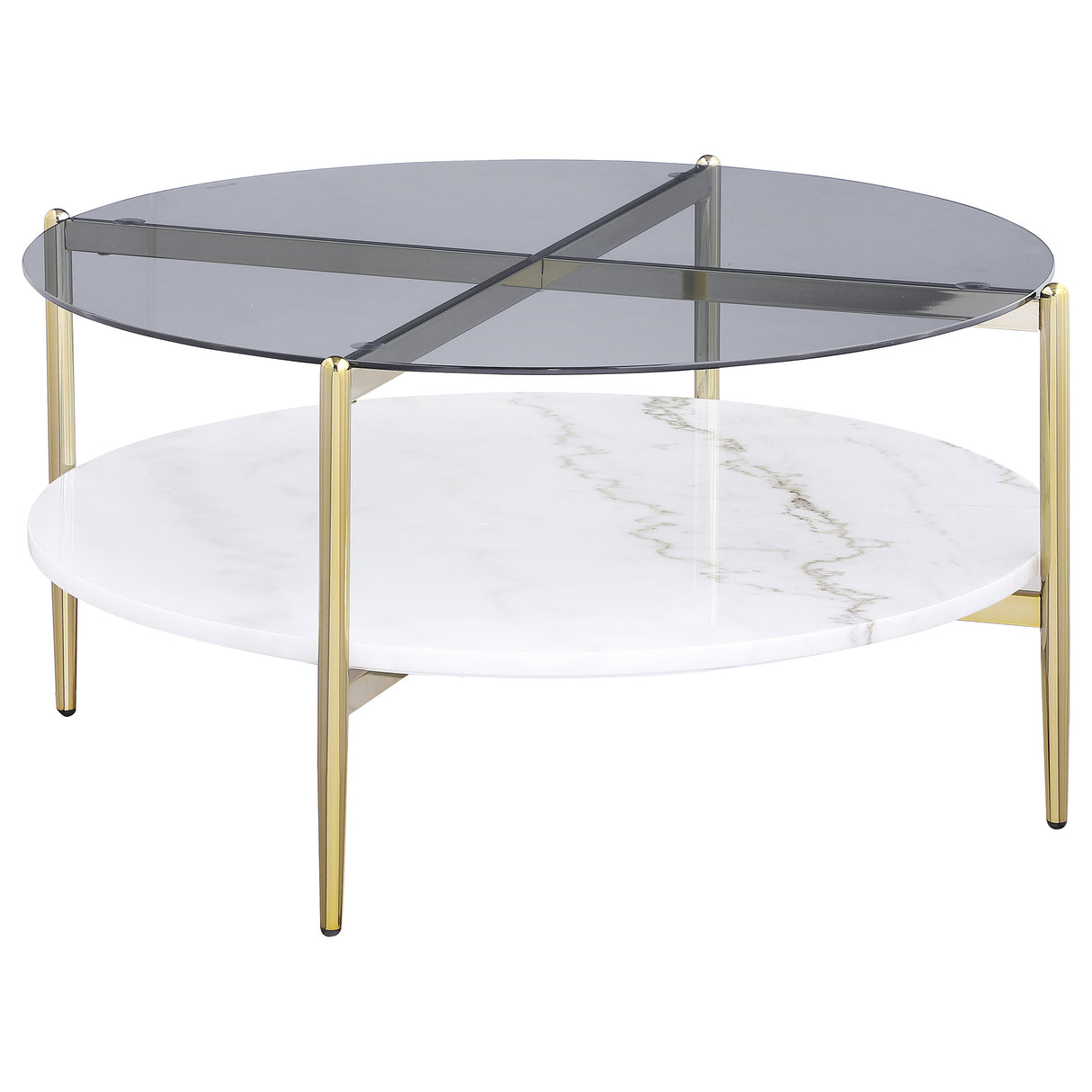 Jonelle Round Glass Top Coffee Table with White Marble Shelf