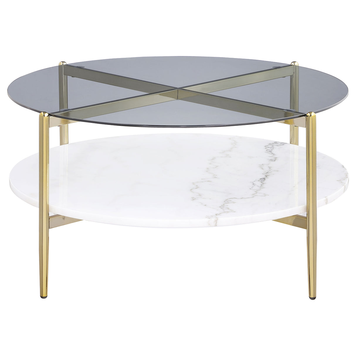 Jonelle Round Glass Top Coffee Table with White Marble Shelf