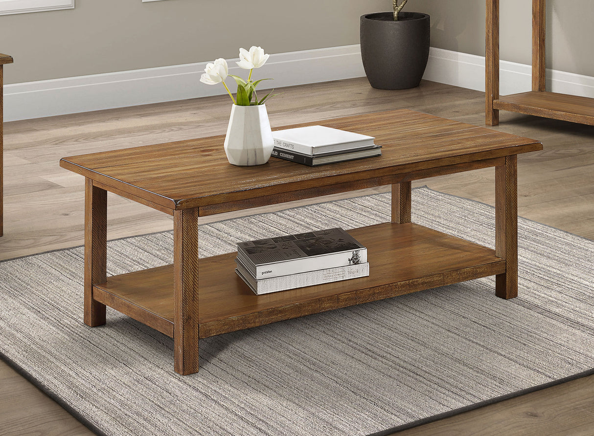 Payne Wood Coffee Table with Shelf, Distressed Brown