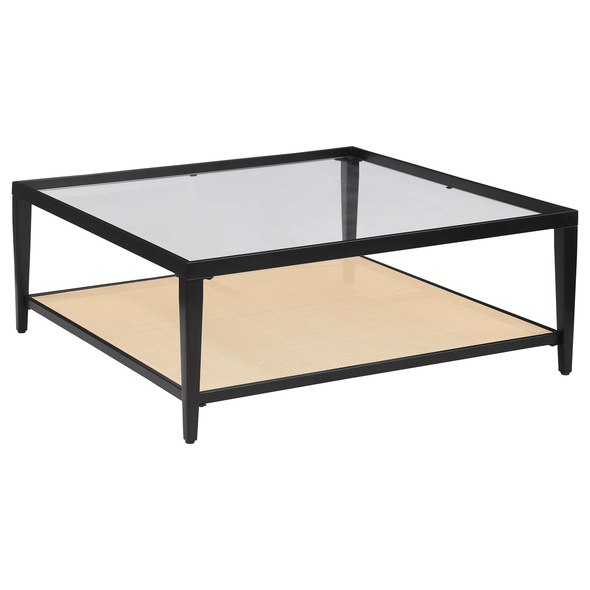 Amherst Glass Top Metal Coffee Table with Cane Shelf, Black