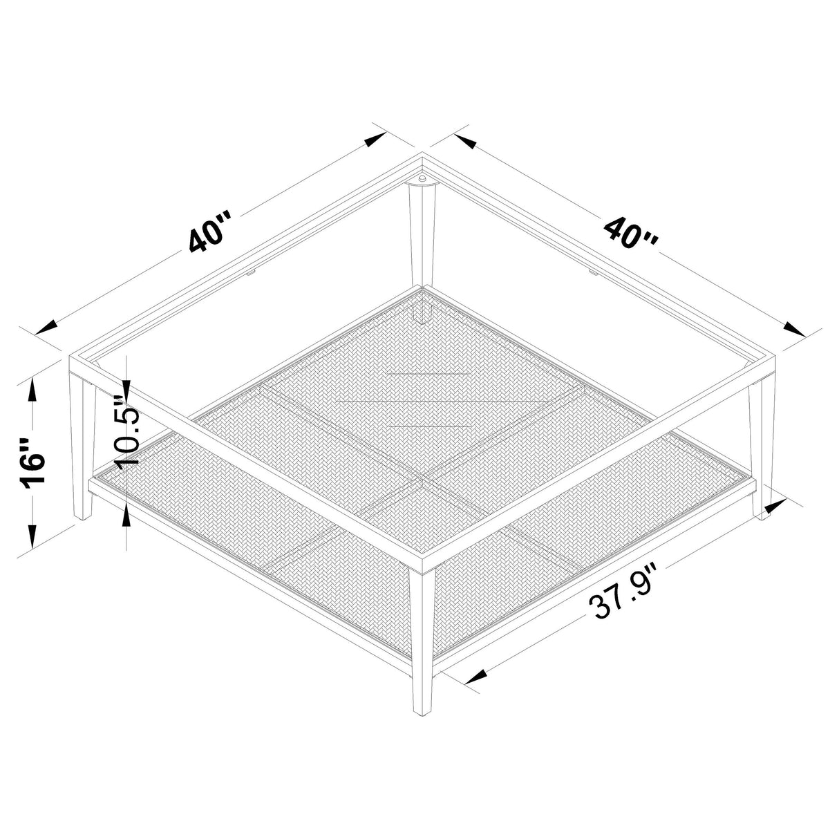 Amherst Glass Top Metal Coffee Table with Cane Shelf, Black