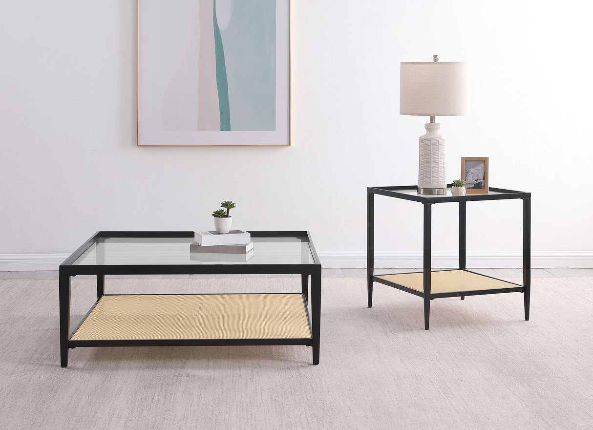 Amherst Glass Top Metal Coffee Table with Cane Shelf, Black