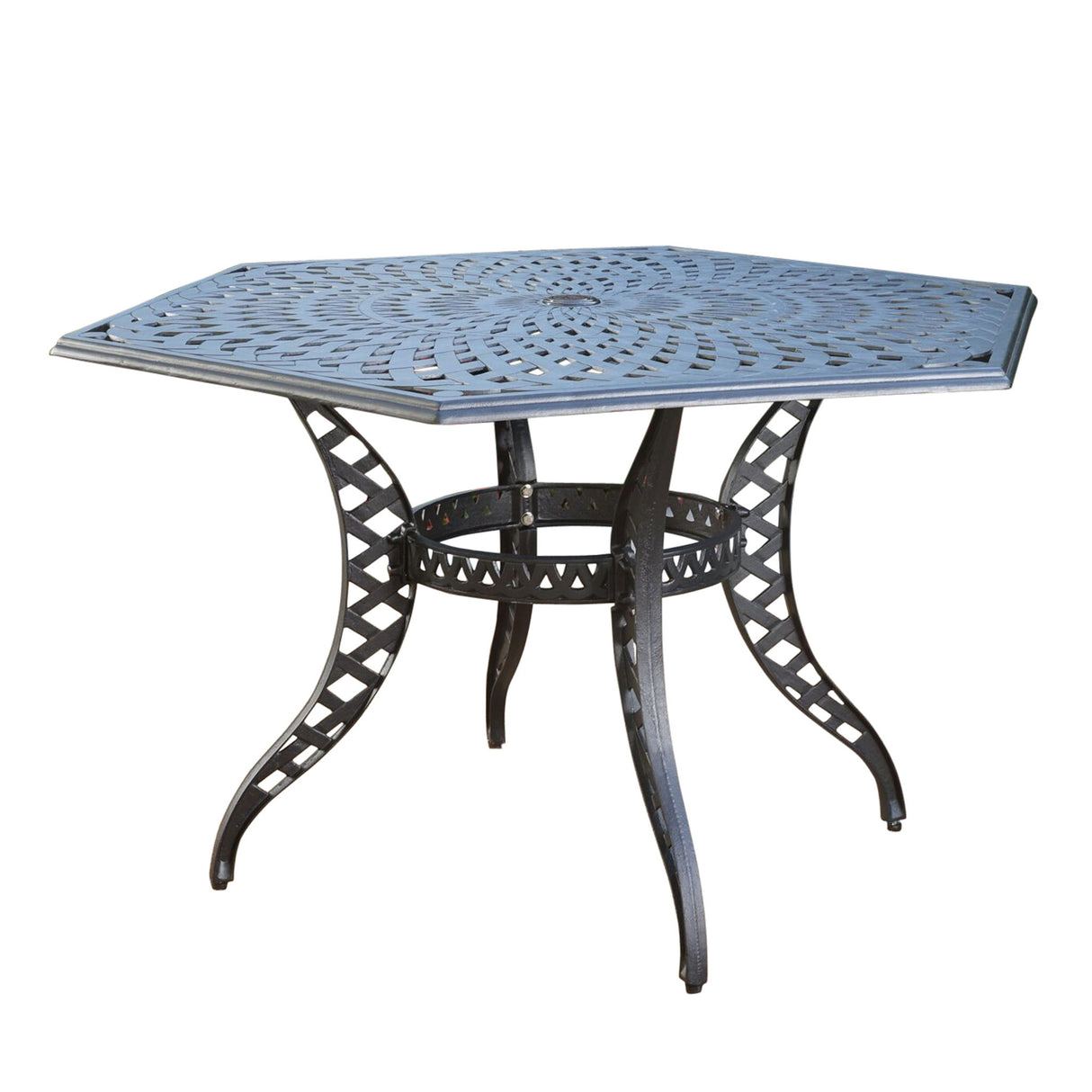 Outdoor Cast Aluminum Dining Table With Lattice Top And Umbrella Hole - Black