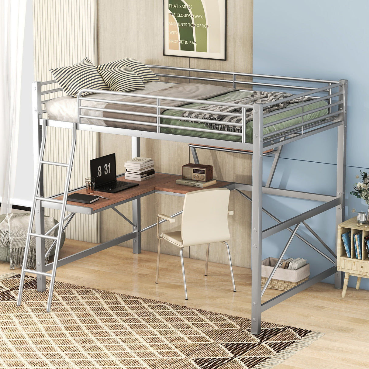 Loft Bed With Desk And Shelf, Modern Design