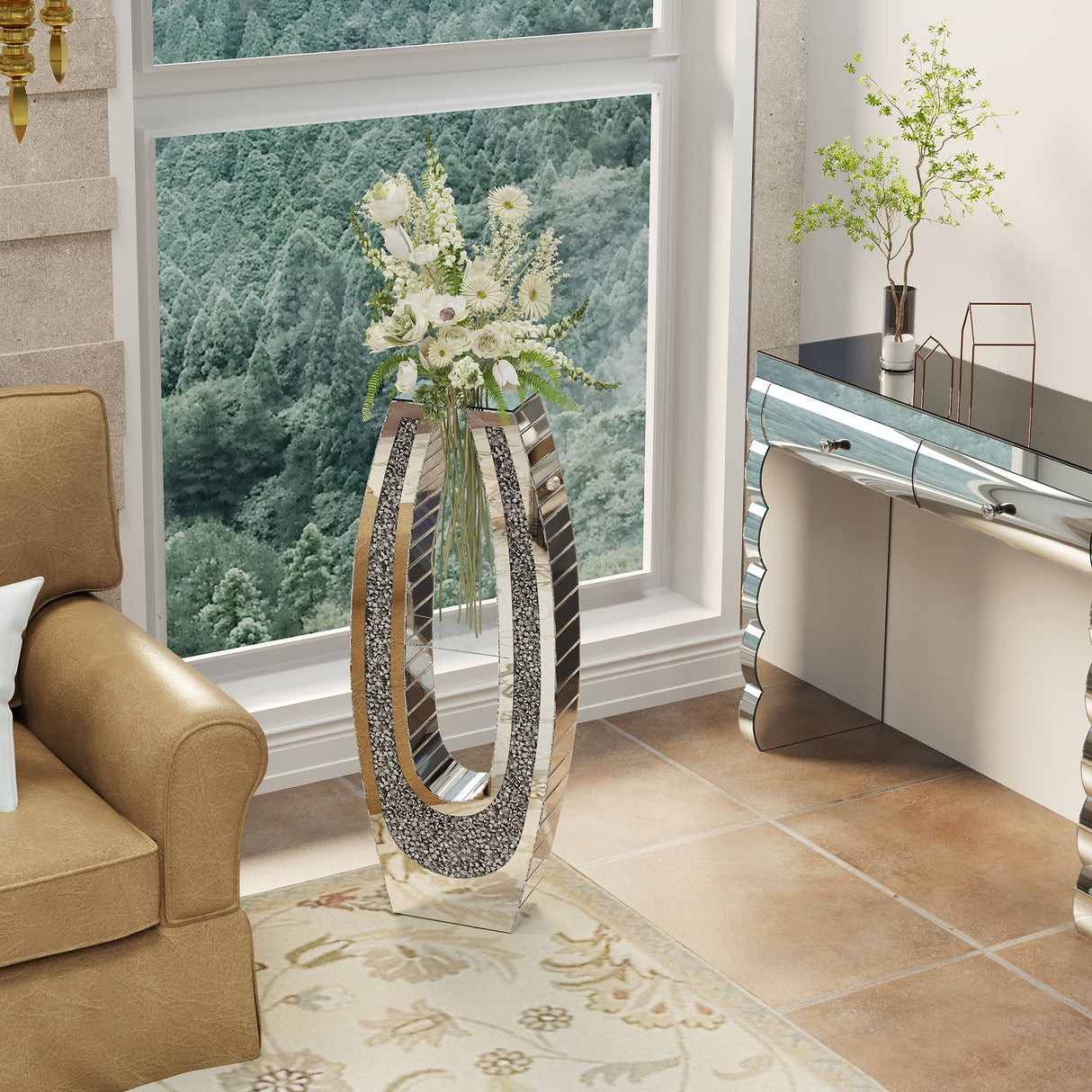 U - Shaped Floor Vase With Shattered Diamond Mirror Surface