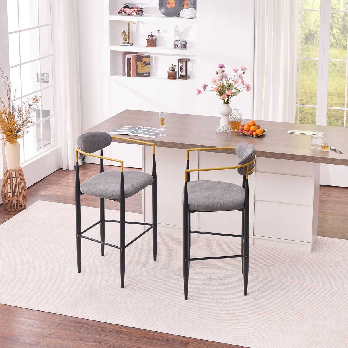 Upholstered Bar Stool With Ergonomic Design (Set of 2)