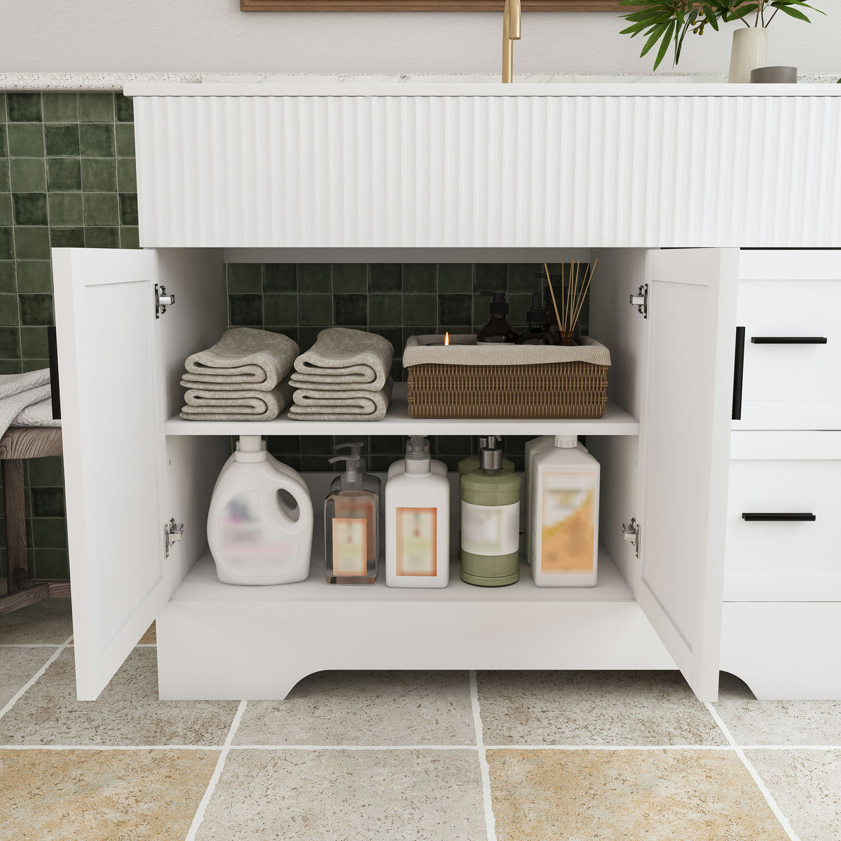 Bathroom Vanity Set, Fluted Cabinet, Soft Close Doors, 3 Faucet Holes, Sink Included - White