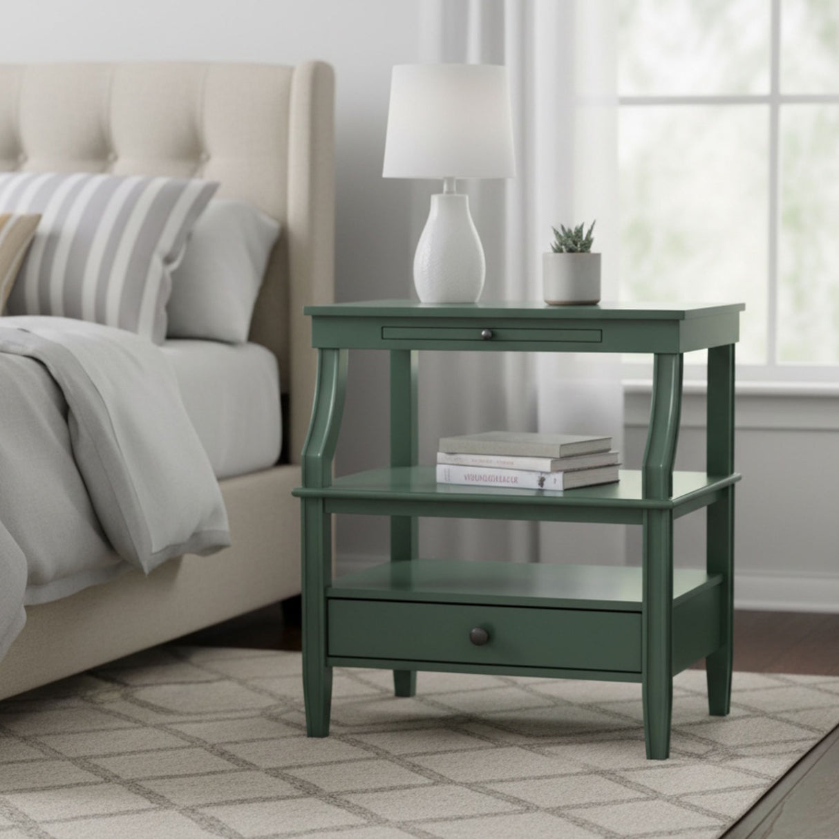 Newland - Storage Nightstand With Drawer And Pull Out Tray - Antique Green