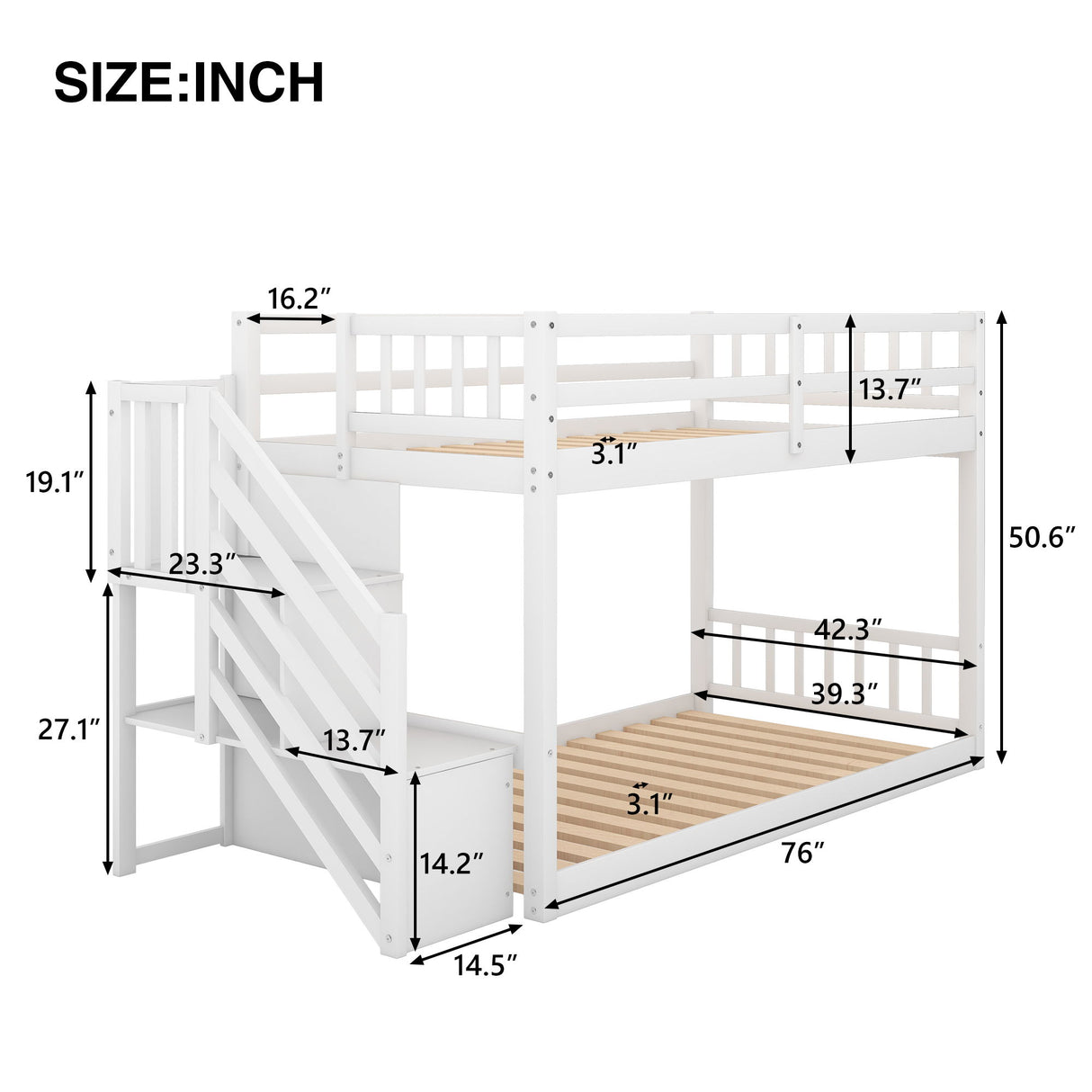 Twin Over Twin Floor Bunk Bed, Ladder With Storage