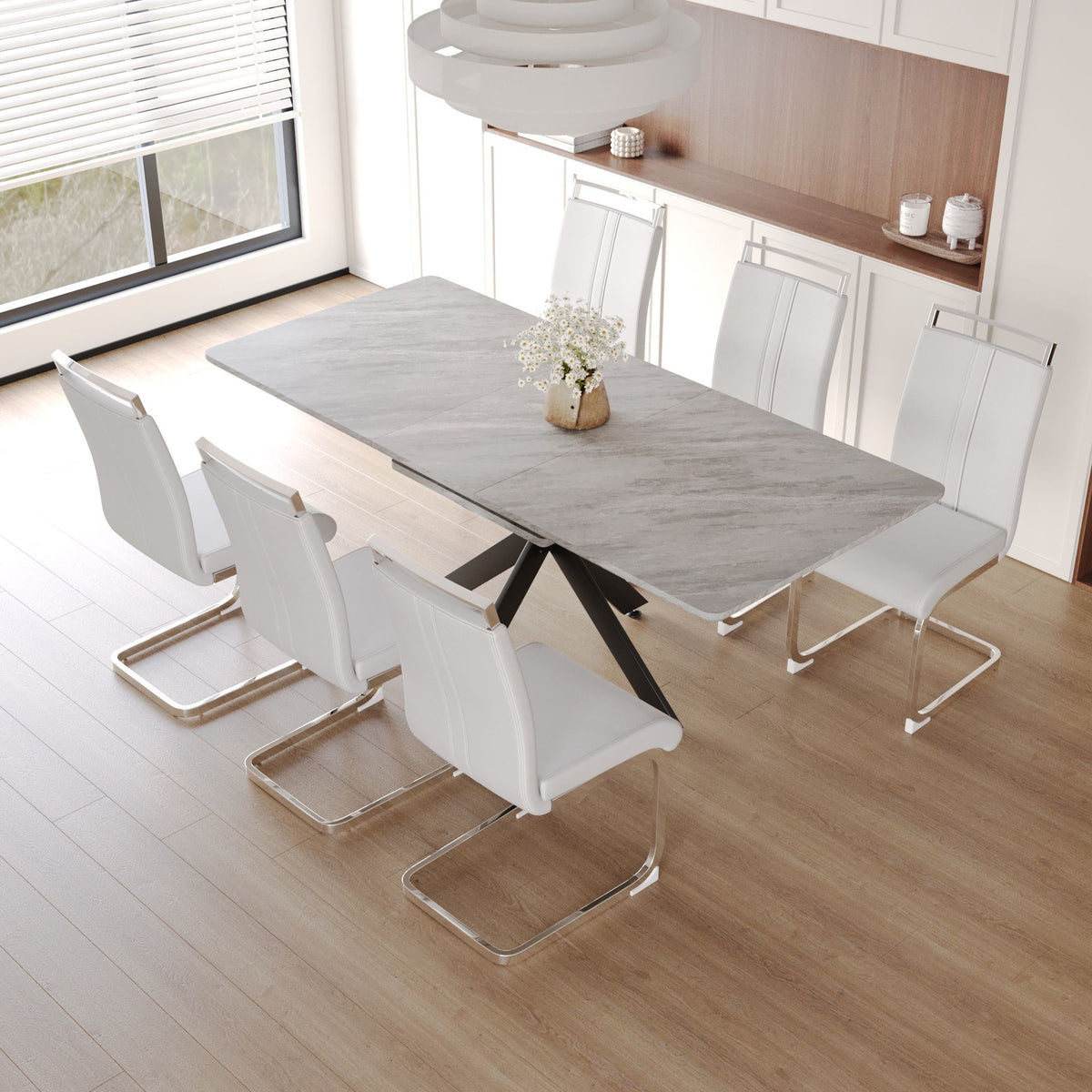 Modern Extendable Dining Table Set With Soft Padded Armless Chairs