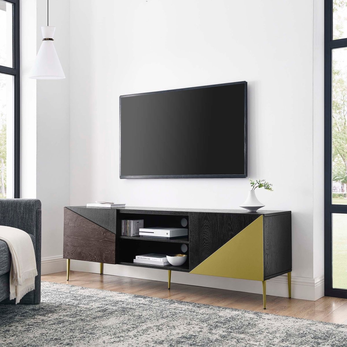 72 Inch Low Profile Geometric TV Stand in Black Gold - TV Stands available at Alpine Outlets in Denver