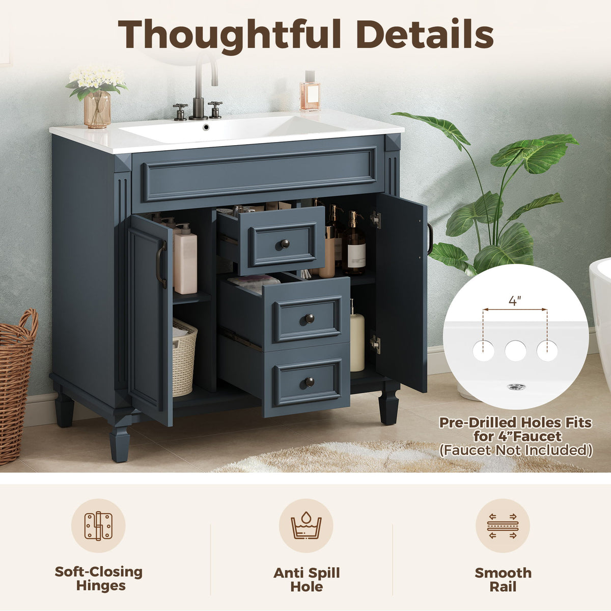 Bathroom Vanity With Top Sink, Cabinet With 2 Soft Closing Doors And Drawers