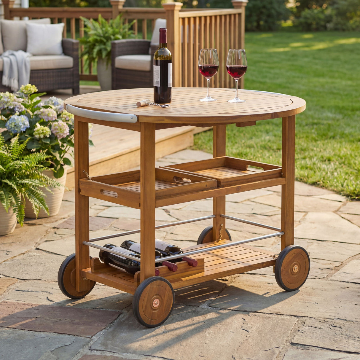 Outdoor Bar Cart With Foldable Tabletop & Removable Trays - Teak