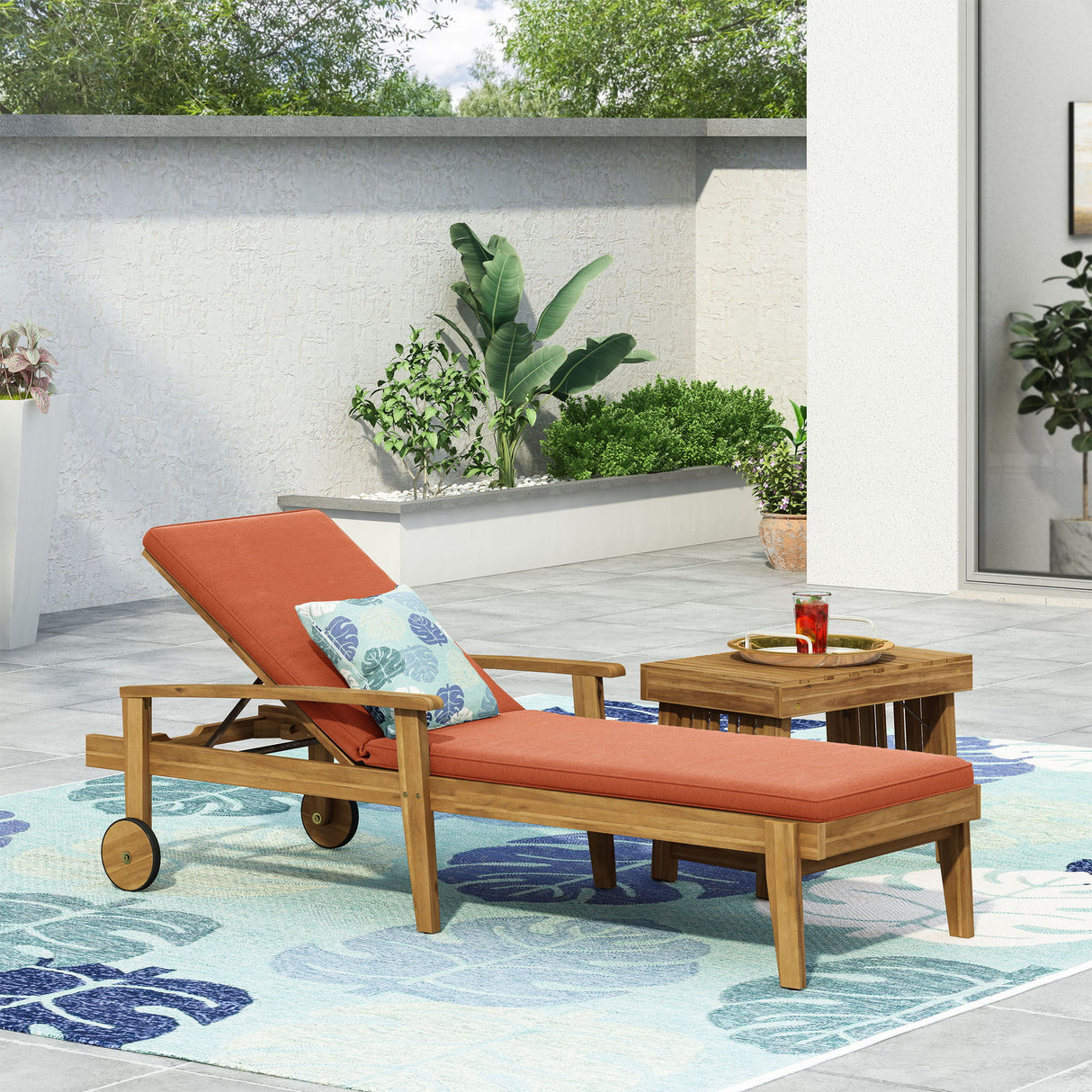 Jason - Chaise Lounge Acacia Wood Adjustable Outdoor Chair - Orange