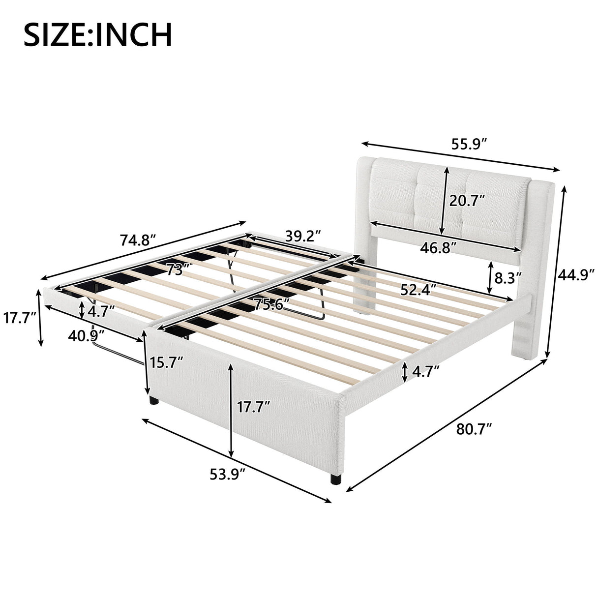 Upholstery Platform Bed With Trundle, Trundle Can Be Flat Or Erected