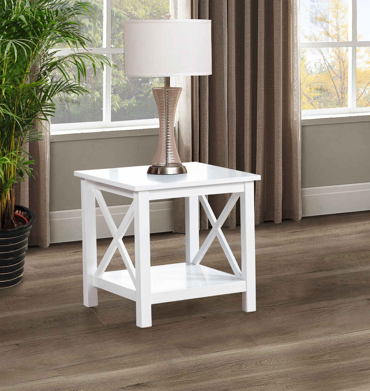 Skyview Square Pine Wood Side Table with Shelf - White