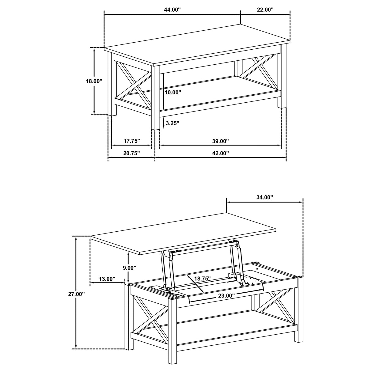 Skyview 44-Inch Rectangular Lift Top Coffee Table, White