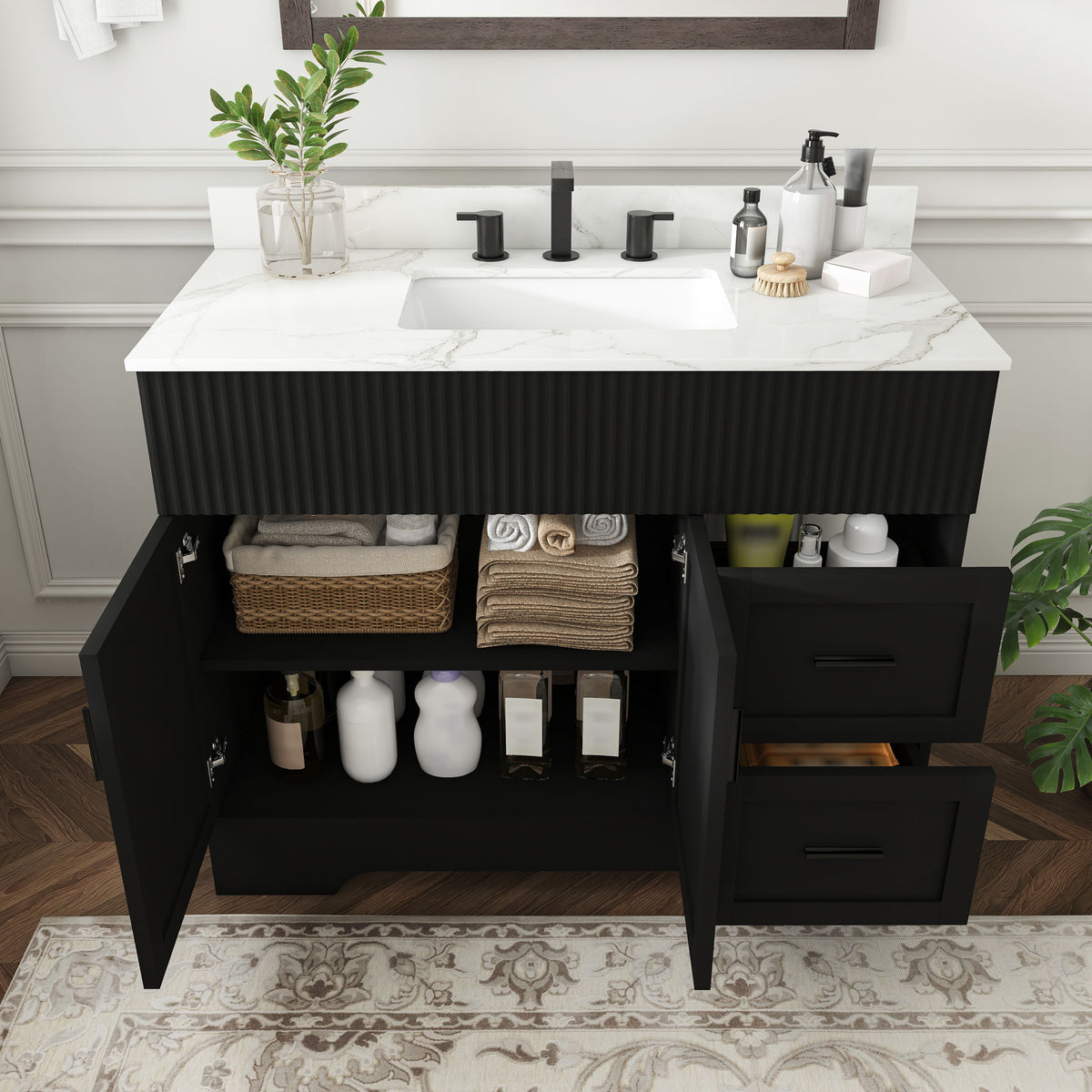 Bathroom Vanity Set, Fluted Cabinet, 3 Faucet Holes, Sink Included - Black