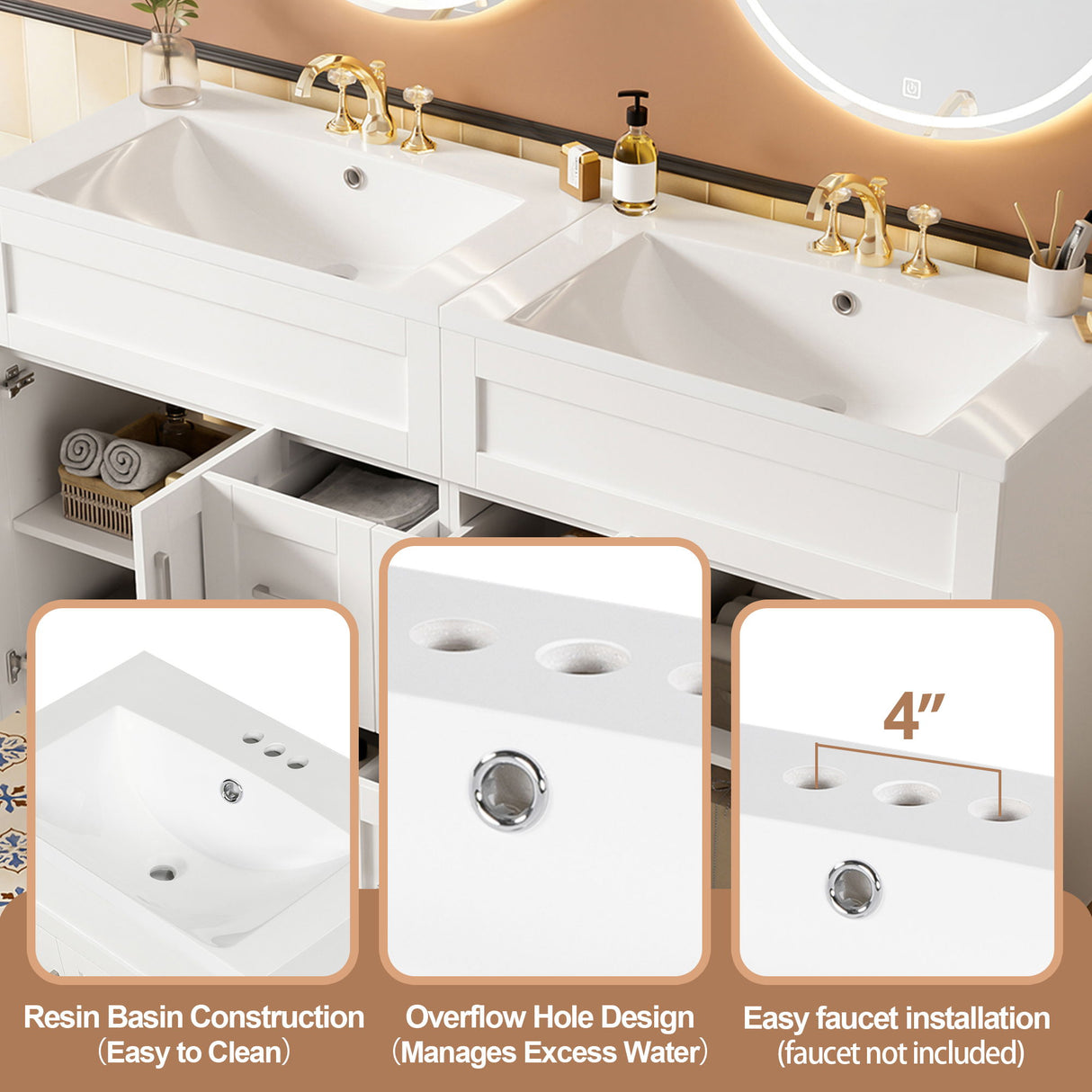 Bathroom Vanity With 2 Doors, 2 Drawers, Adjustable Shelf, Hidden Slides & Soft Close Hinges