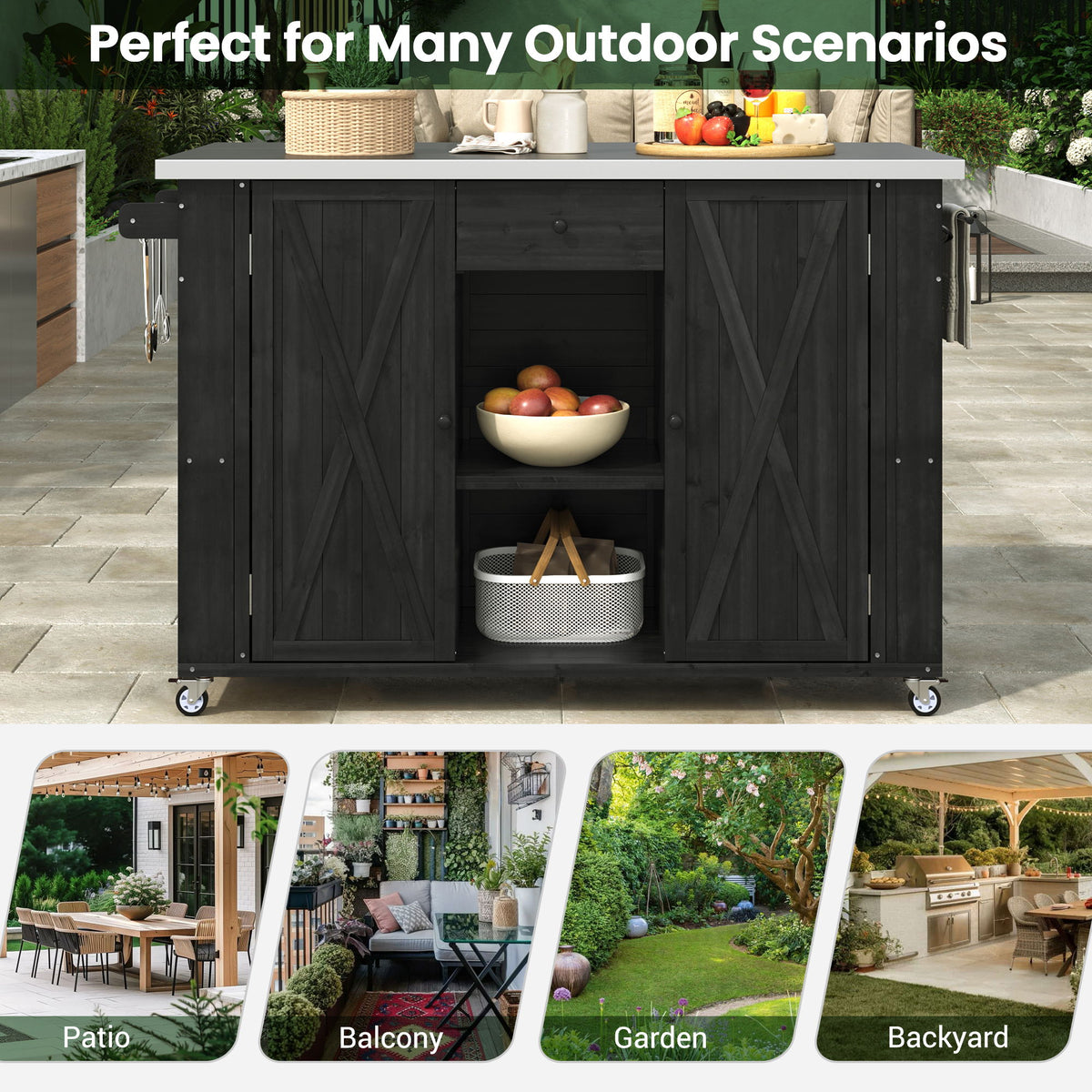 Outdoor Kitchen Island With Stainless Steel Top, Ample Storage Space, Towel And Spice Racks And A Bottle Opener