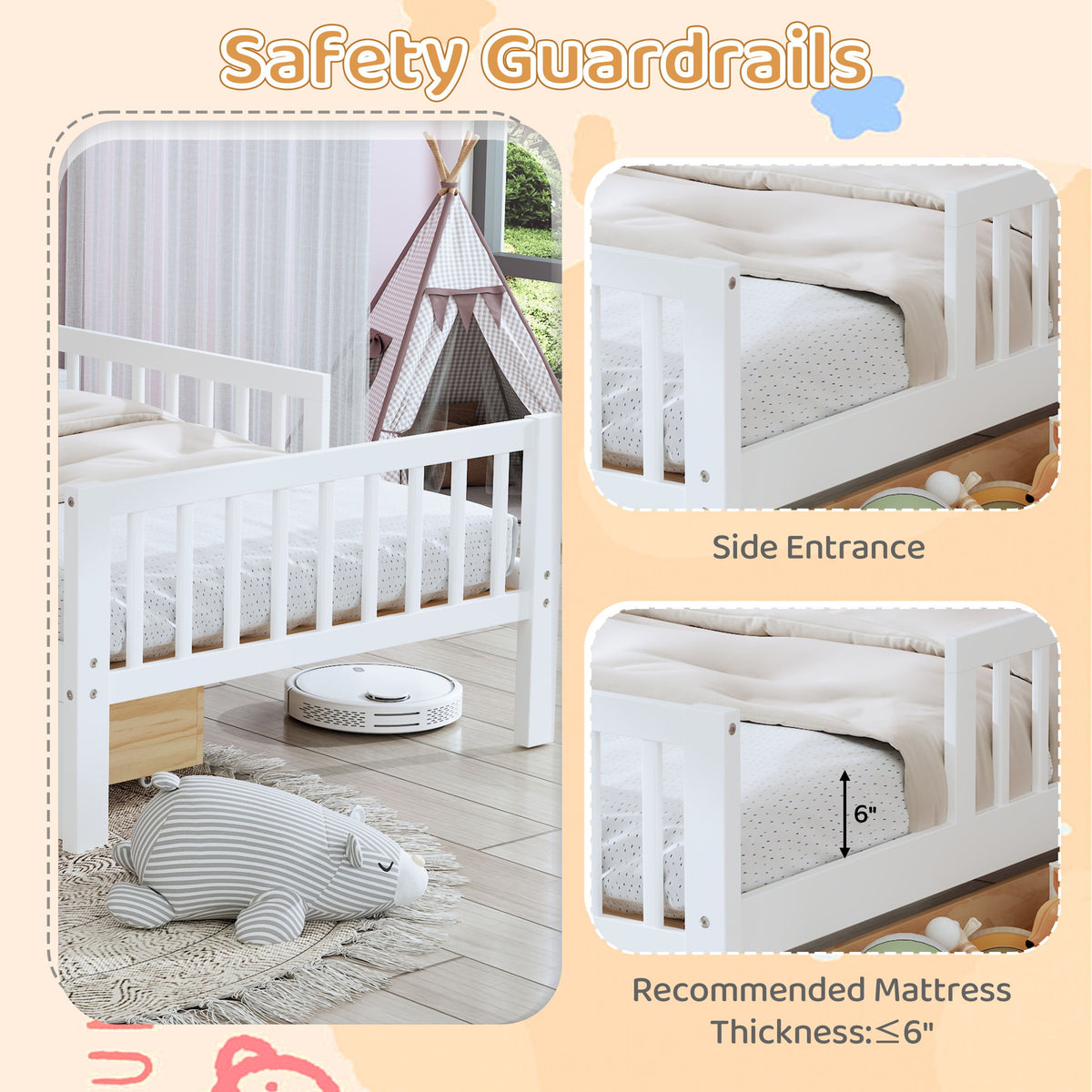 Bed With Headboard Storage Rack, 2 Under Bed Drawers, 3 Side Guardrails For Safety
