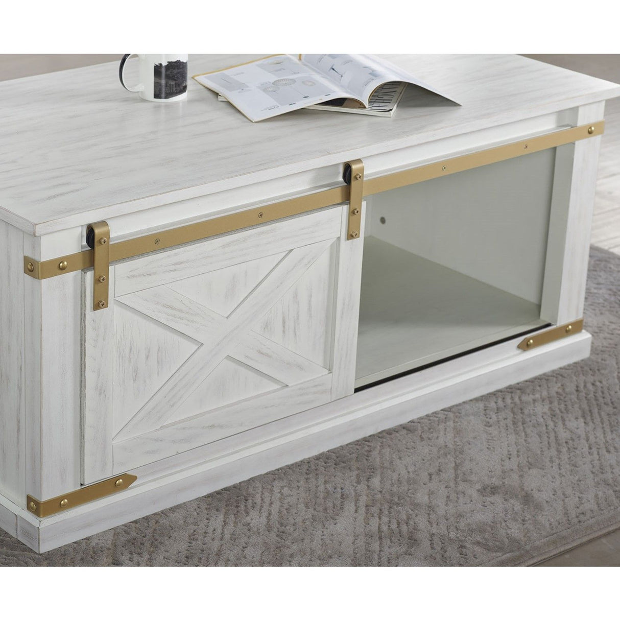 Coffee Table With Storage Drawer And Open Shelves - Antique White / Gold