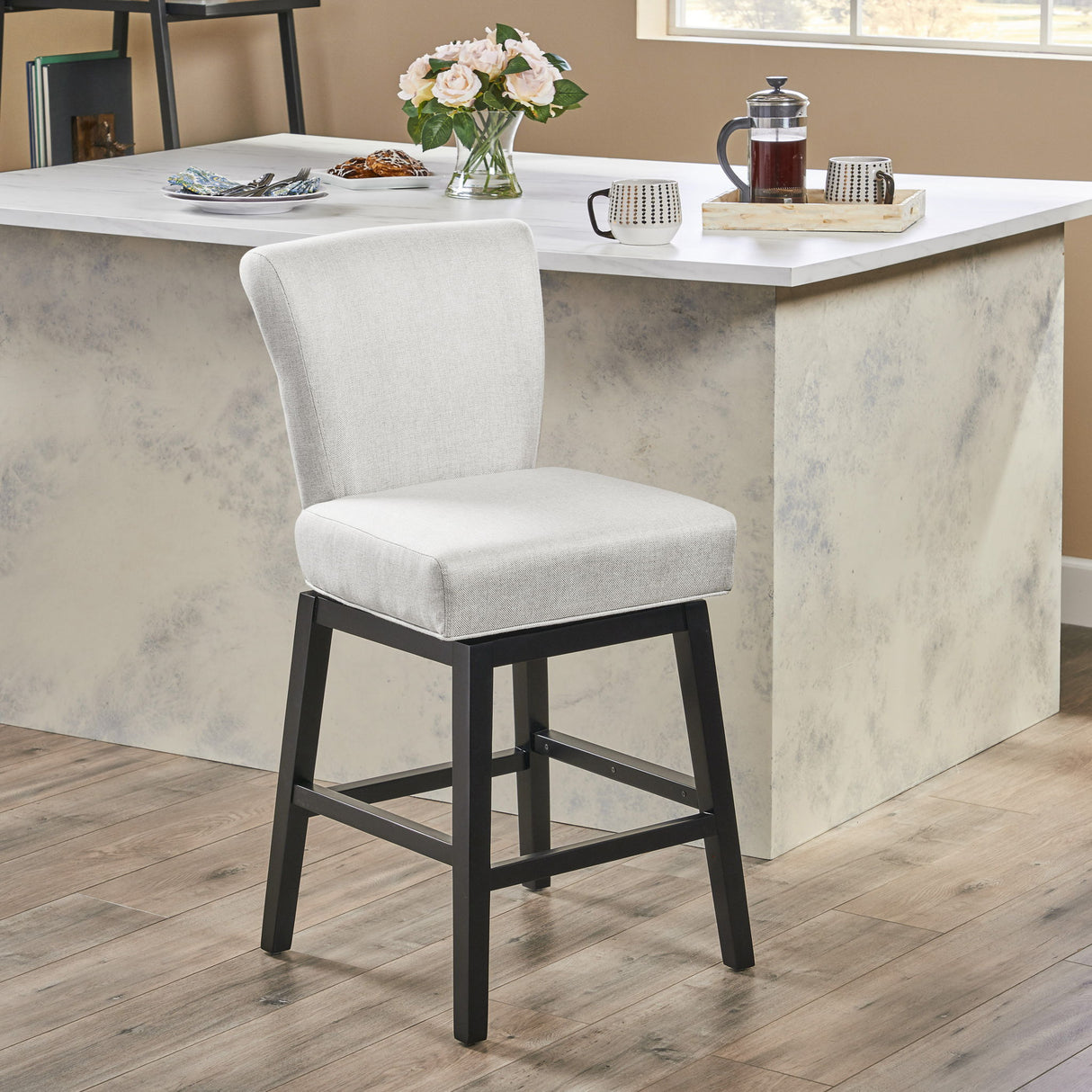 Quicksilvered - Upholstered Swivel Counter Stool With Wood Legs - Beige