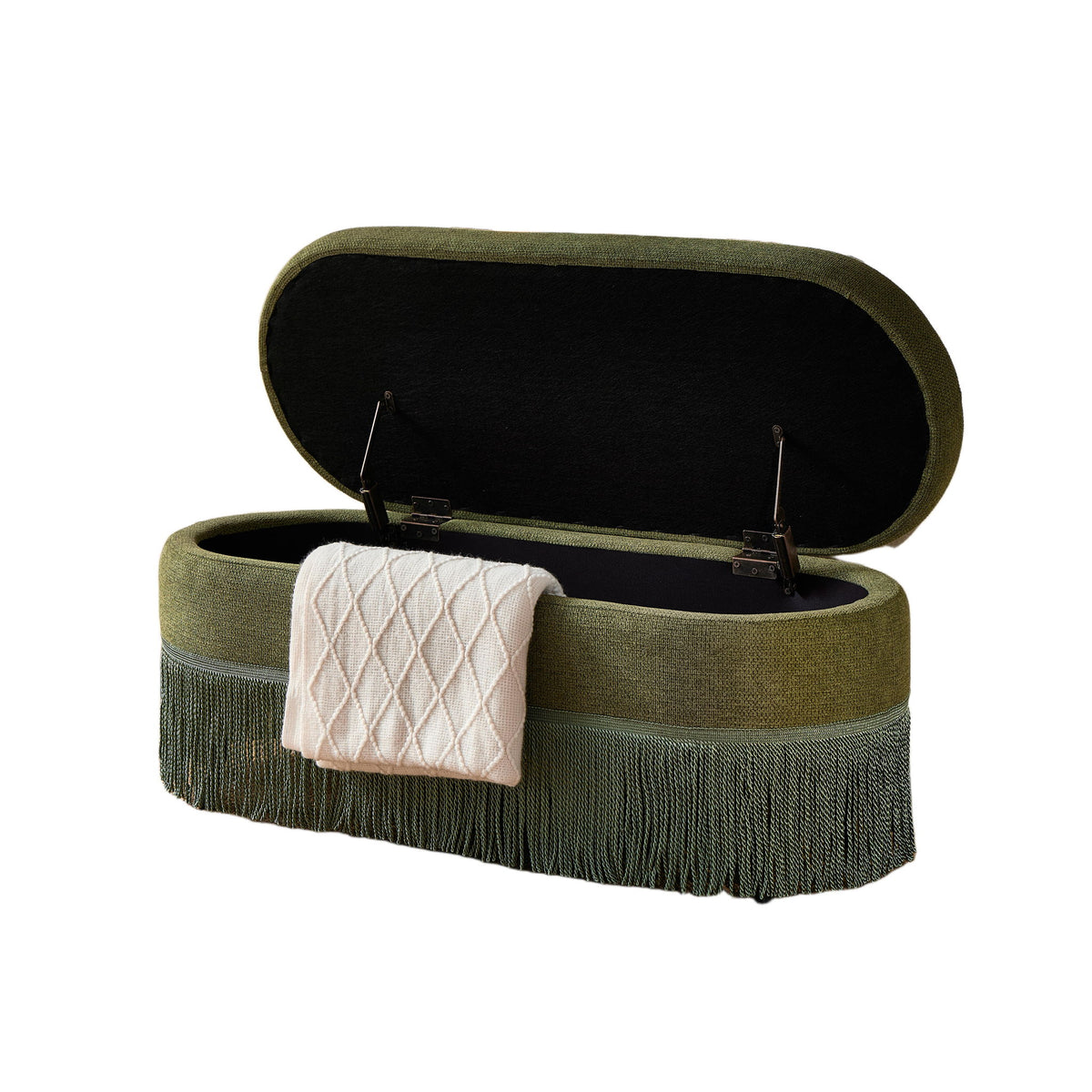 Oval Upholstered Storage Ottoman With Fringe Trim & Lift Top Lid