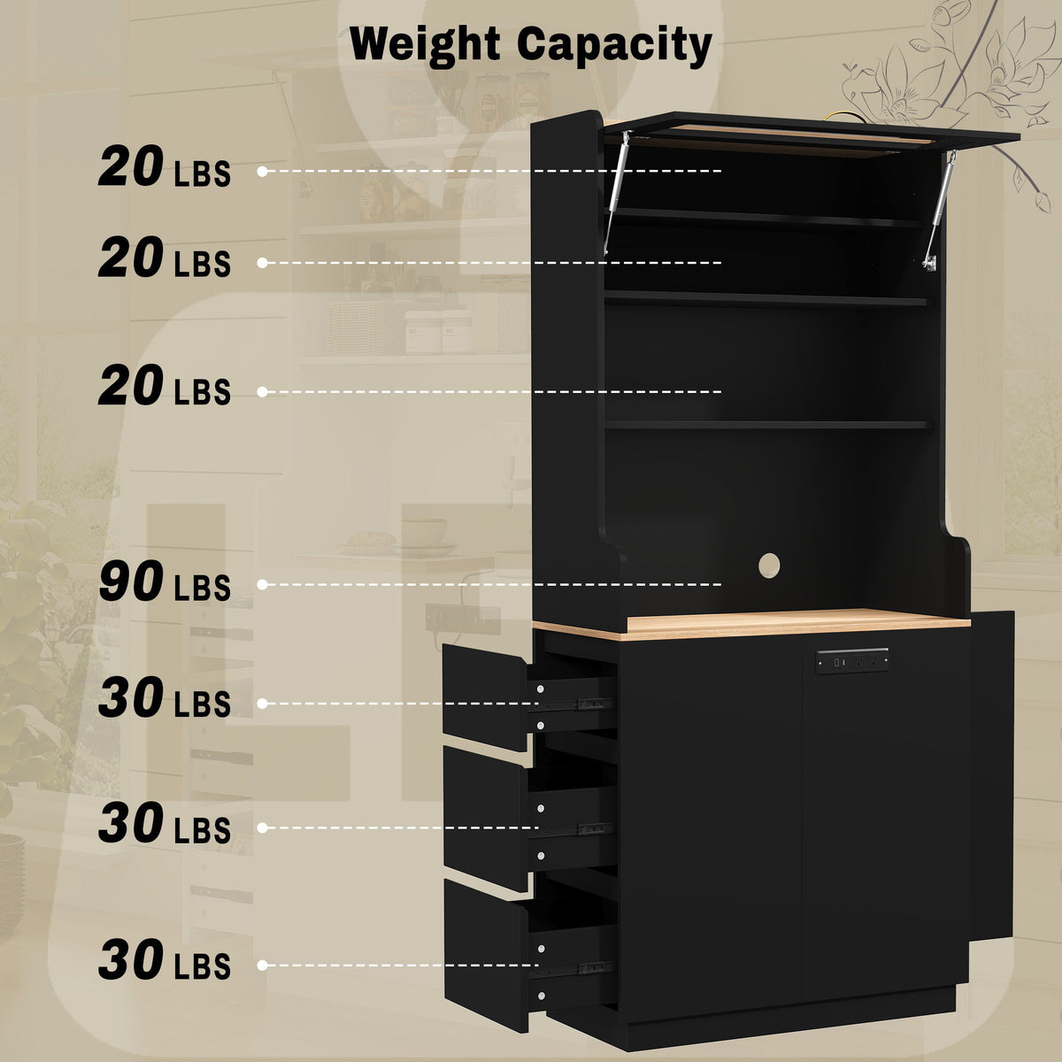 Pantry Cabinet With Hydraulic Flip Top And USB Charging Port