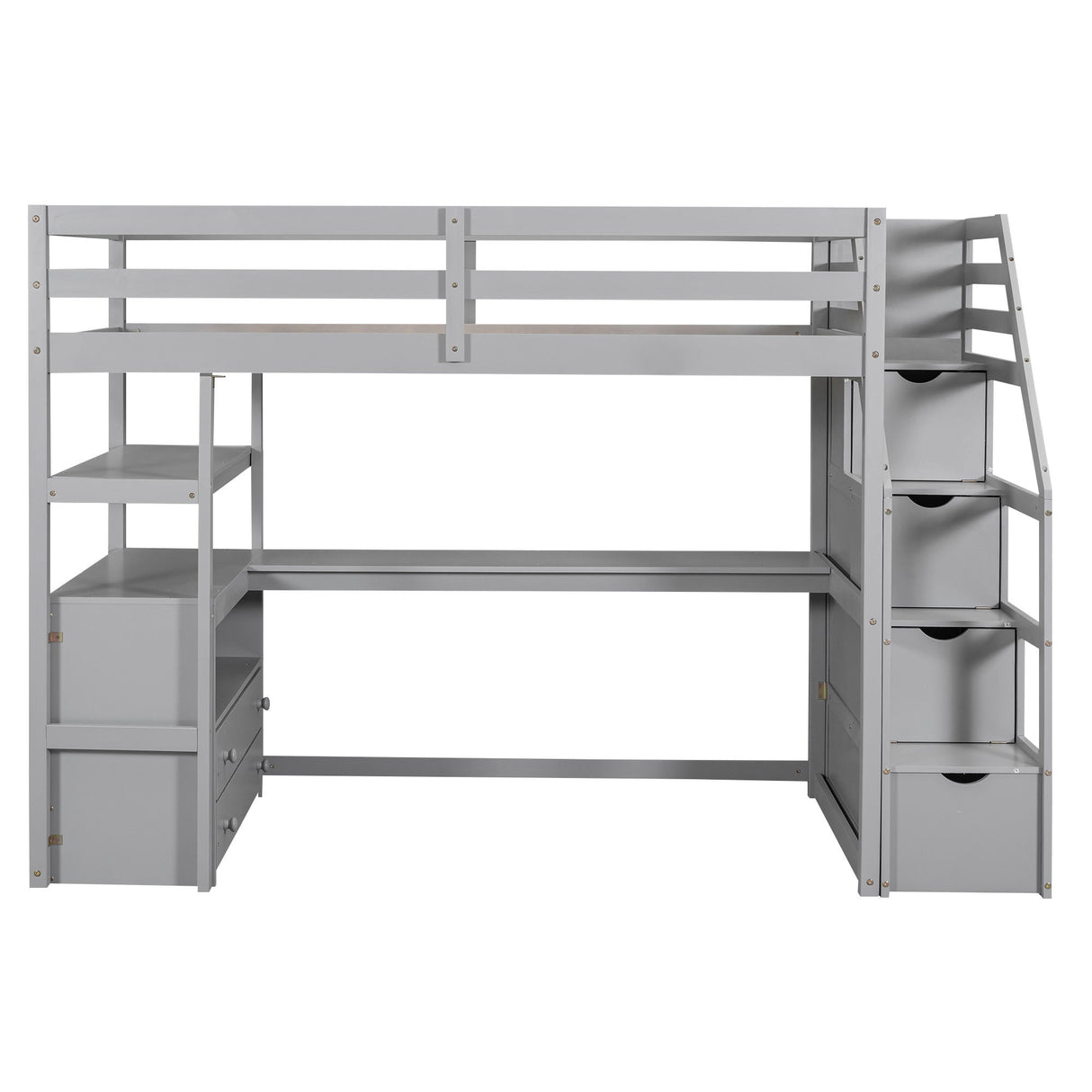 Loft Bed With Desk, Shelves, 2 Drawers, Storage Staircase