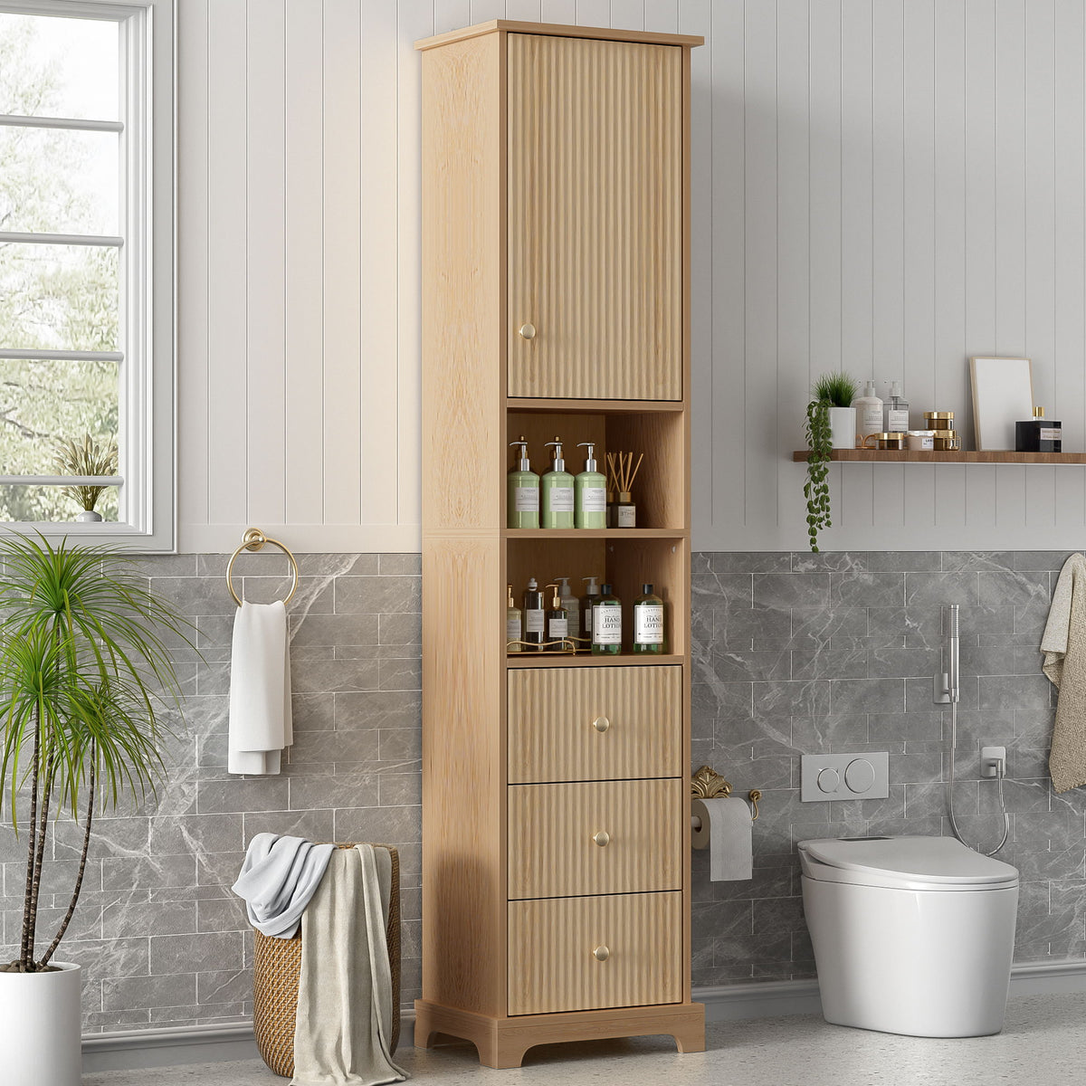 Tall Bathroom Cabinet With 1 Door, 3 Drawers, Open Storage - Wood